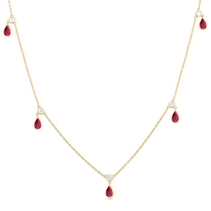 5x3 MM Pear Shape Ruby and 1/4 Ctw Round Cut Diamonds Precious Station Necklace in 14K Yellow Gold