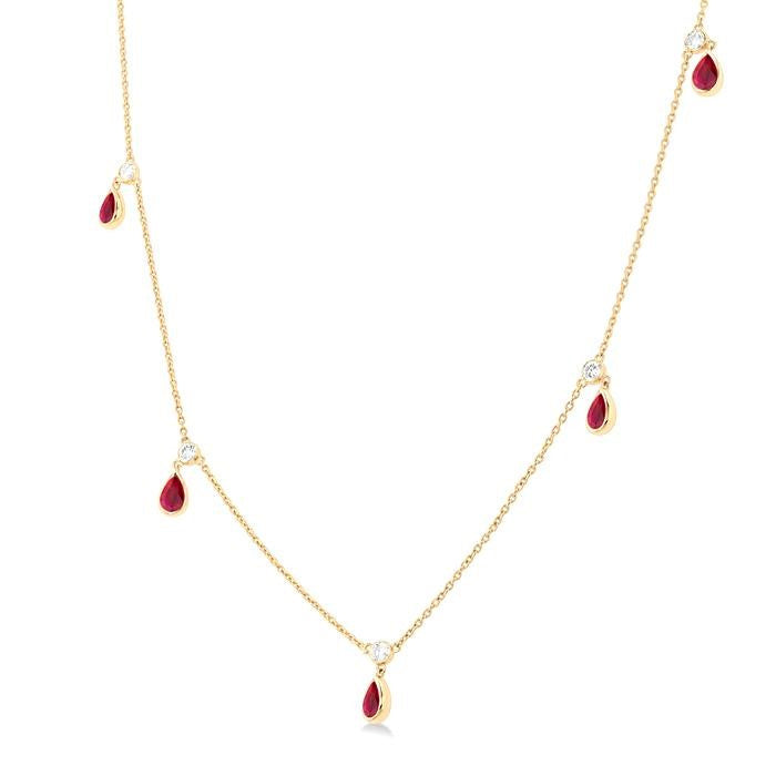 5x3 MM Pear Shape Ruby and 1/4 Ctw Round Cut Diamonds Precious Station Necklace in 14K Yellow Gold