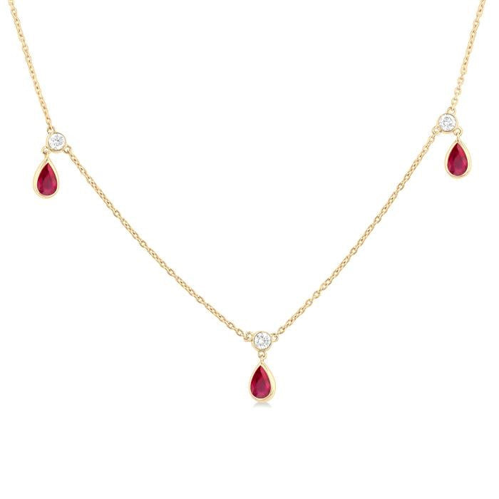 5x3 MM Pear Shape Ruby and 1/4 Ctw Round Cut Diamonds Precious Station Necklace in 14K Yellow Gold