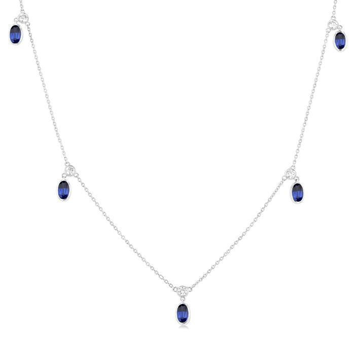5x3 MM Oval Shape Sapphire and 1/4 Ctw Round Cut Diamonds Precious Station Necklace in 14K White Gold