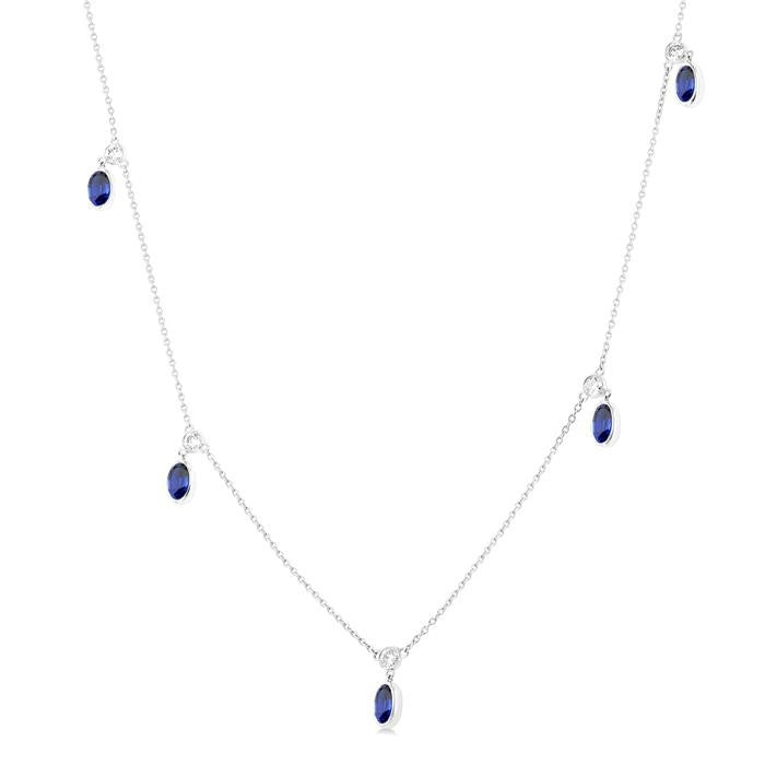 5x3 MM Oval Shape Sapphire and 1/4 Ctw Round Cut Diamonds Precious Station Necklace in 14K White Gold