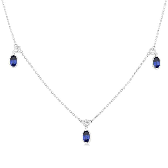 5x3 MM Oval Shape Sapphire and 1/4 Ctw Round Cut Diamonds Precious Station Necklace in 14K White Gold