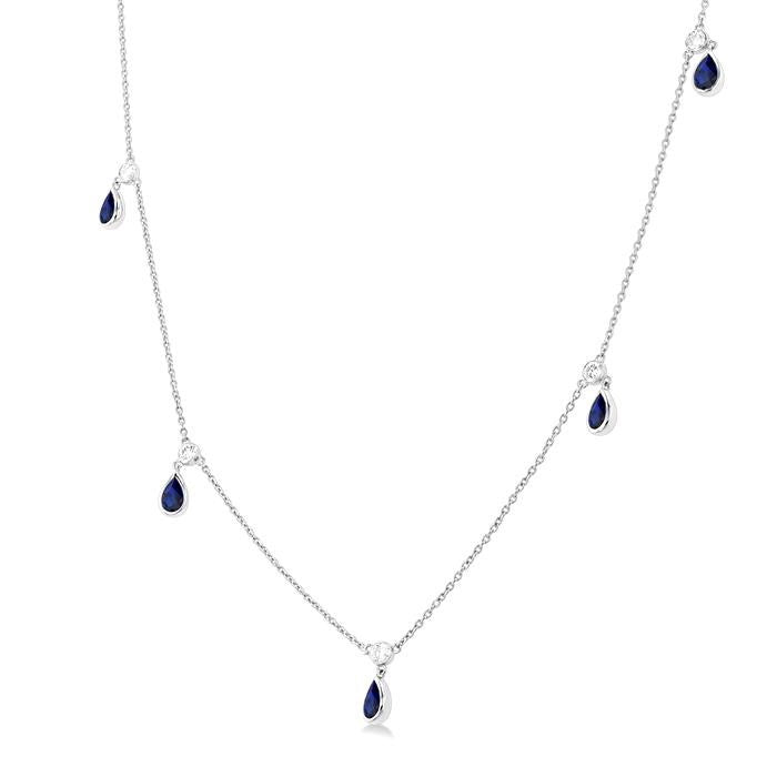 5X3 MM Pear Shape Sapphire and 1/4 Ctw Round Cut Diamonds Precious Station Necklace in 14K White Gold