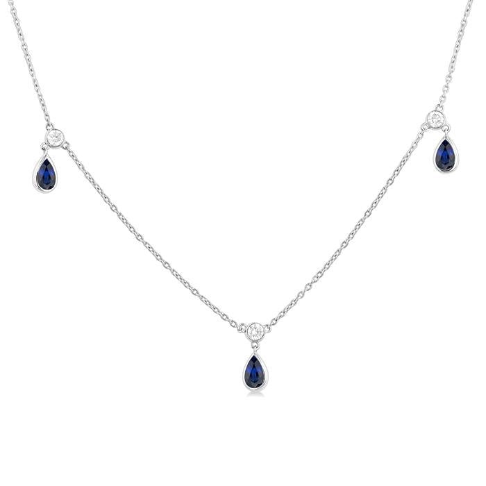 5X3 MM Pear Shape Sapphire and 1/4 Ctw Round Cut Diamonds Precious Station Necklace in 14K White Gold