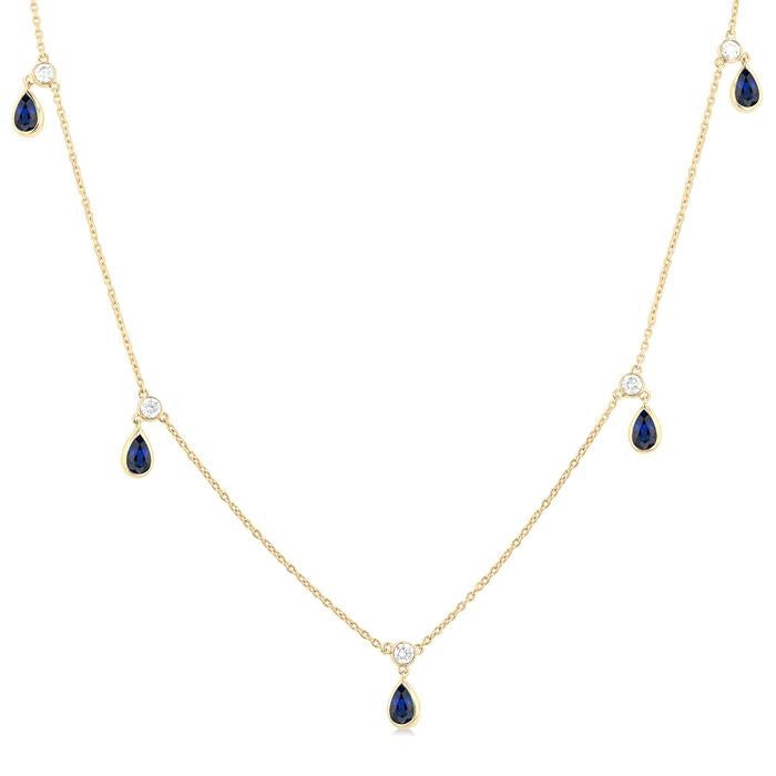5X3 MM Pear Shape Sapphire and 1/4 Ctw Round Cut Diamonds Precious Station Necklace in 14K Yellow Gold