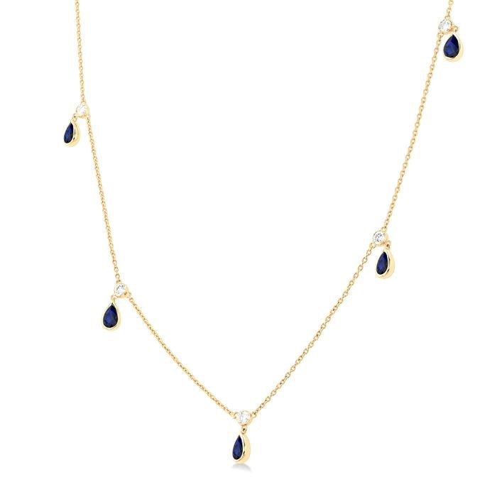 5X3 MM Pear Shape Sapphire and 1/4 Ctw Round Cut Diamonds Precious Station Necklace in 14K Yellow Gold