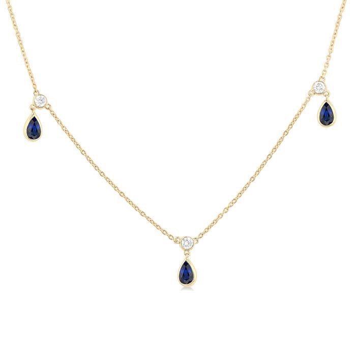 5X3 MM Pear Shape Sapphire and 1/4 Ctw Round Cut Diamonds Precious Station Necklace in 14K Yellow Gold
