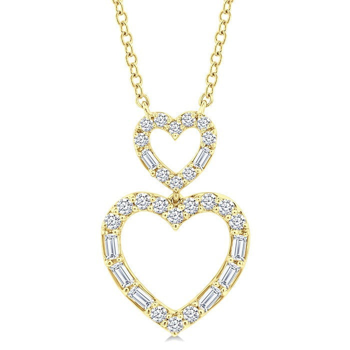 1/3 Ctw Twin Heart Fusion Baguette and Round Cut Diamond Pendant With Chain in 10K Yellow Gold