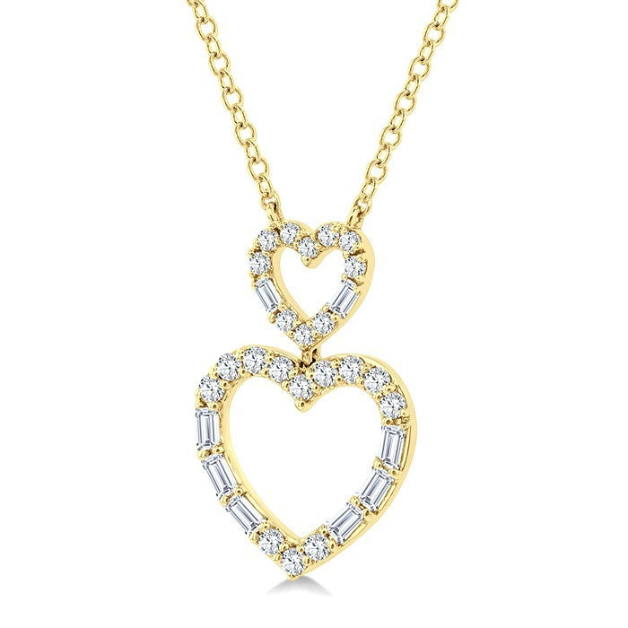 1/3 Ctw Twin Heart Fusion Baguette and Round Cut Diamond Pendant With Chain in 10K Yellow Gold