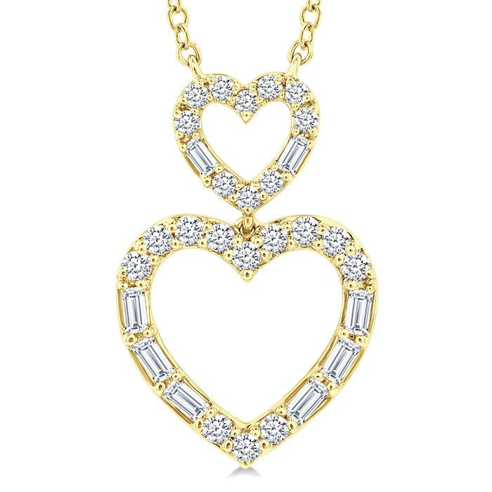 1/3 Ctw Twin Heart Fusion Baguette and Round Cut Diamond Pendant With Chain in 10K Yellow Gold