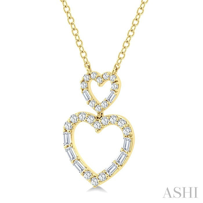1/3 Ctw Twin Heart Fusion Baguette and Round Cut Diamond Pendant With Chain in 10K Yellow Gold