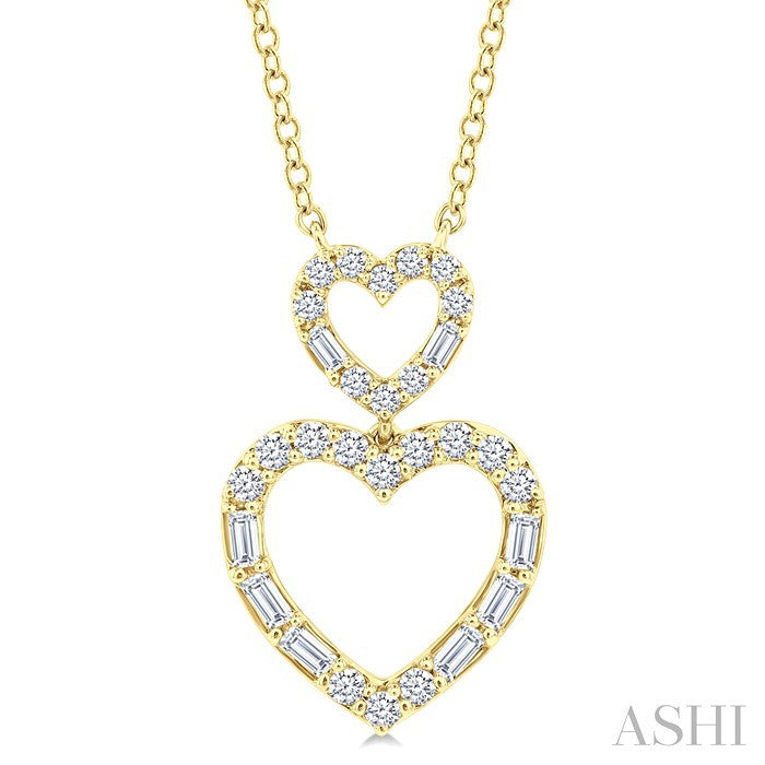1/3 Ctw Twin Heart Fusion Baguette and Round Cut Diamond Pendant With Chain in 10K Yellow Gold