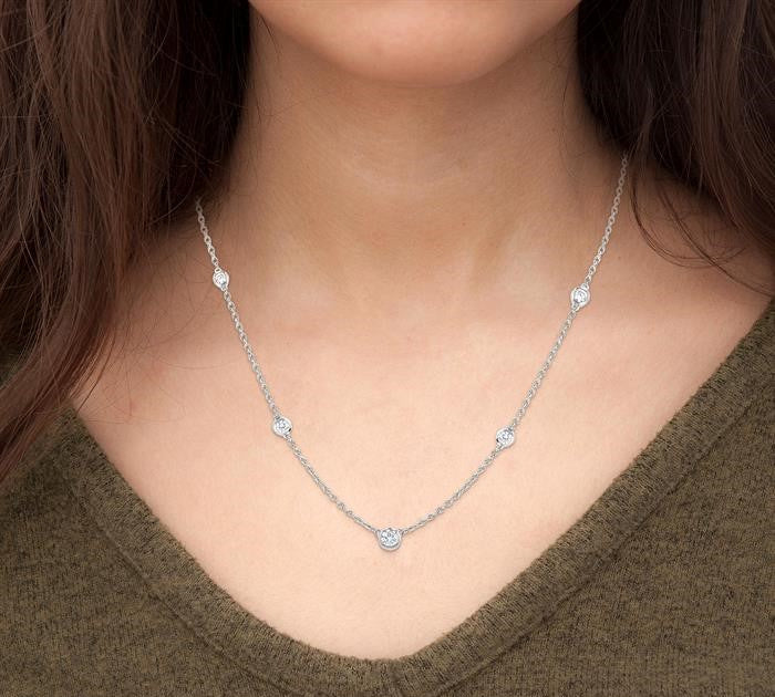 1 Ctw Bezel Set Round Cut Diamond Station Necklace in 14K White Gold