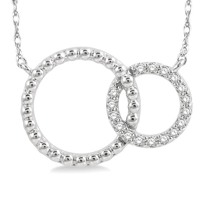 1/10 Ctw Interlocking Twin Circles Round Cut Diamond Pendant With Chain in 10K White Gold