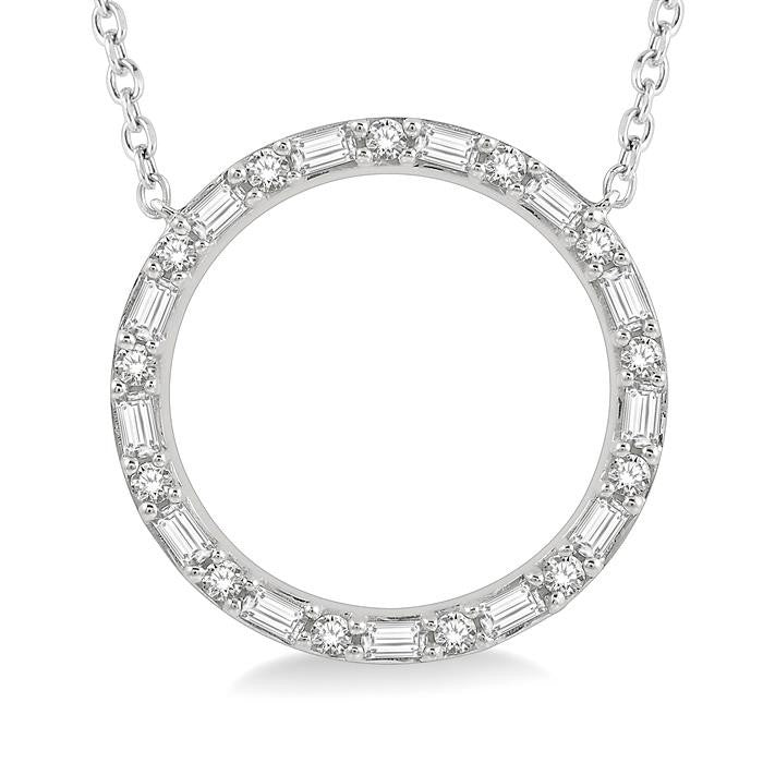 1/2 Ctw Circle Baguette and Round Cut Diamond Pendant With Chain in 14K White Gold
