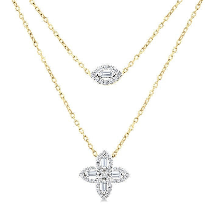 1/2 Ctw Floral Baguette and Round Cut Diamond Layered Fashion Necklace in 14K Yellow Gold