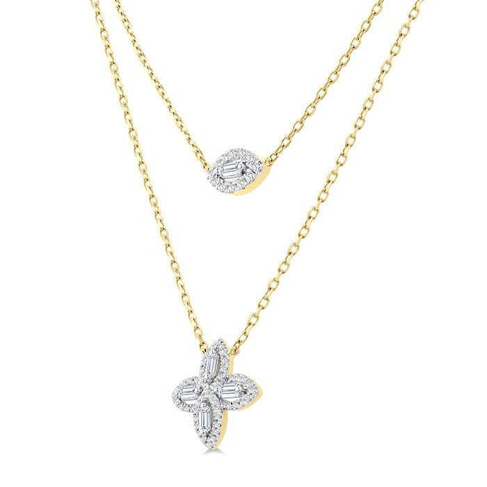 1/2 Ctw Floral Baguette and Round Cut Diamond Layered Fashion Necklace in 14K Yellow Gold