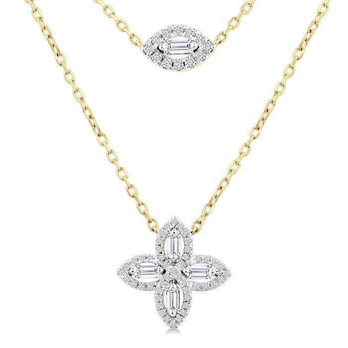 1/2 Ctw Floral Baguette and Round Cut Diamond Layered Fashion Necklace in 14K Yellow Gold