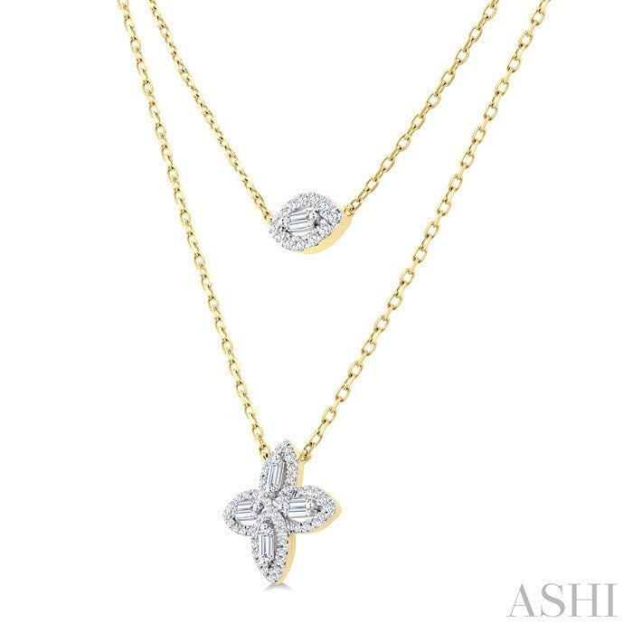 1/2 Ctw Floral Baguette and Round Cut Diamond Layered Fashion Necklace in 14K Yellow Gold