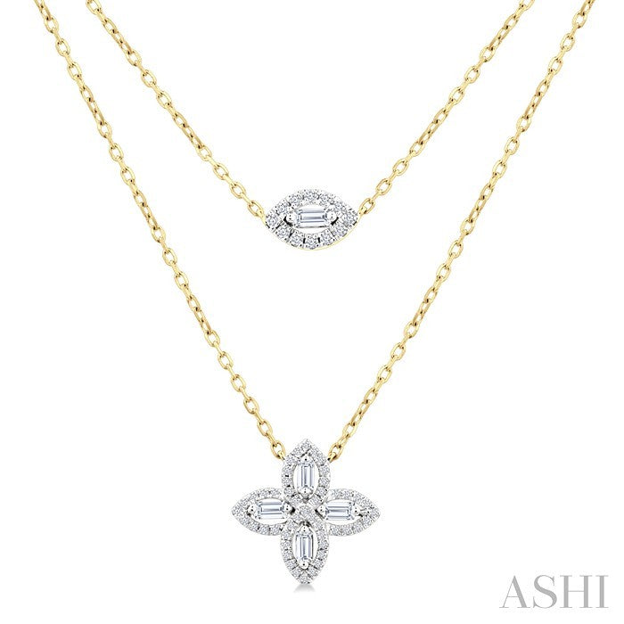 1/2 Ctw Floral Baguette and Round Cut Diamond Layered Fashion Necklace in 14K Yellow Gold