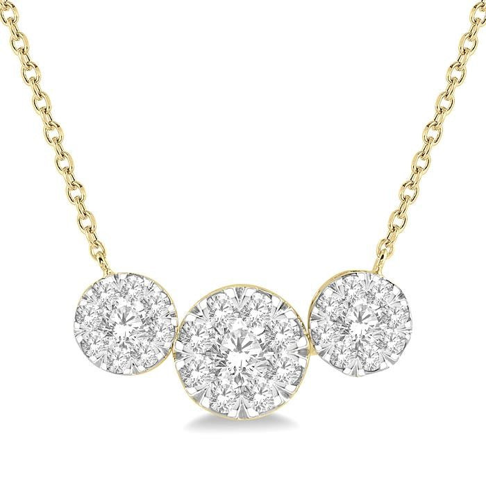1 Ctw 3-Stone Shine Bright Round Cut Diamond Necklace in 14K Yellow and White Gold