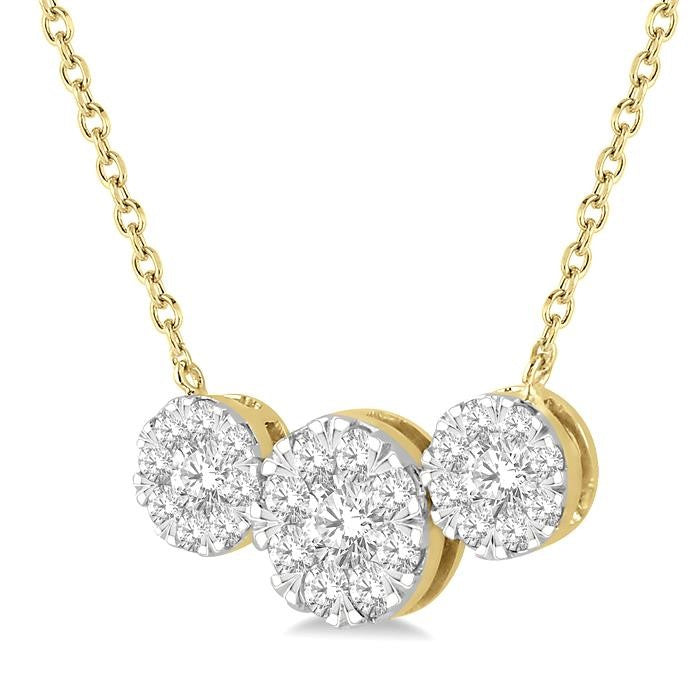 1 Ctw 3-Stone Shine Bright Round Cut Diamond Necklace in 14K Yellow and White Gold
