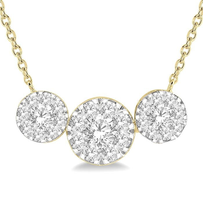 1 Ctw 3-Stone Shine Bright Round Cut Diamond Necklace in 14K Yellow and White Gold