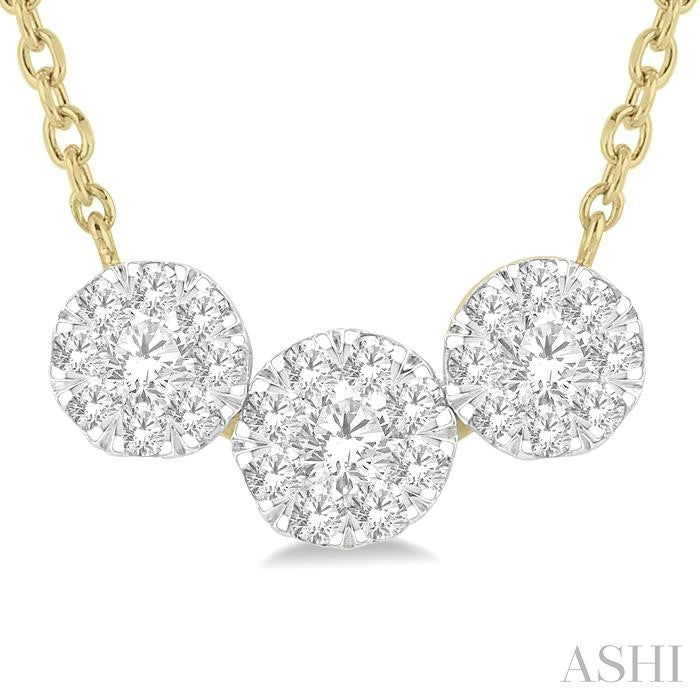 1/2 Ctw 3-Stone Shine Bright Round Cut Diamond Necklace in 14K Yellow and White Gold