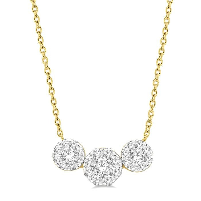 3/4 Ctw 3-Stone Shine Bright Round Cut Diamond Necklace in 14K Yellow and White Gold