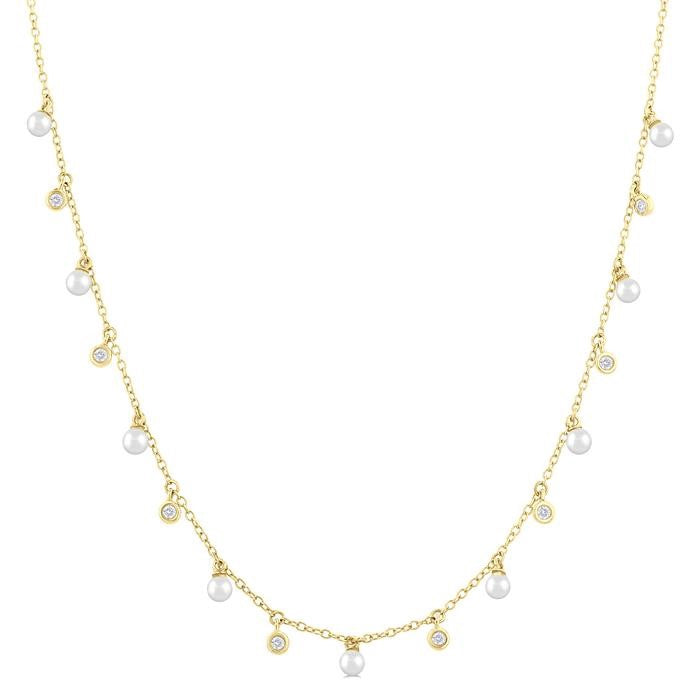 3 MM Round Shape Cultured Pearl and 1/6 Ctw Round Cut Diamond Station Necklace in 14K Yellow Gold