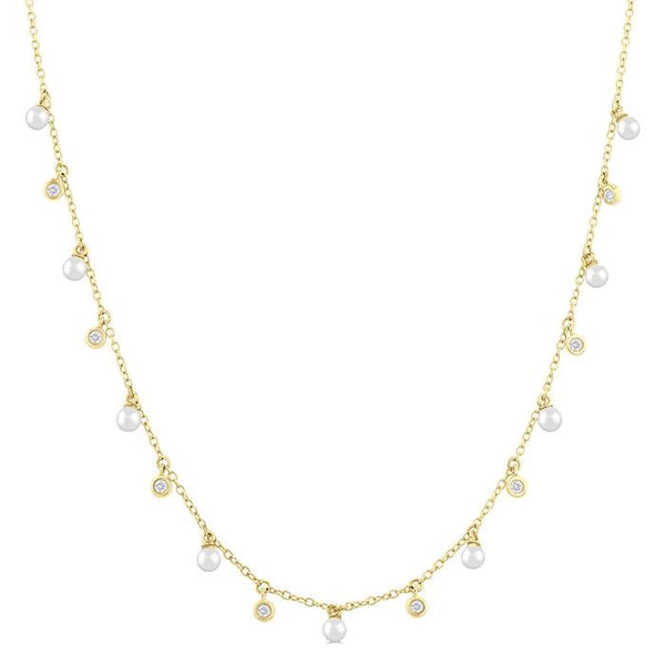 3 MM Round Shape Cultured Pearl and 1/6 Ctw Round Cut Diamond Station Necklace in 14K Yellow Gold