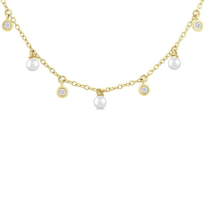 3 MM Round Shape Cultured Pearl and 1/6 Ctw Round Cut Diamond Station Necklace in 14K Yellow Gold