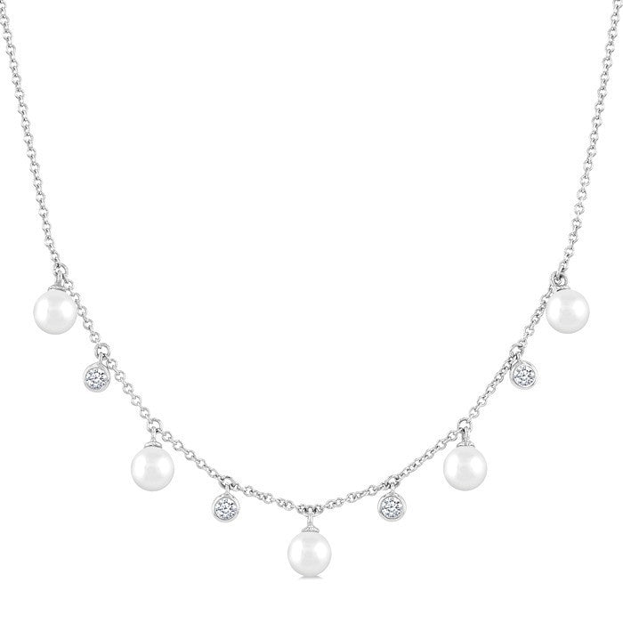 4 MM Cultured Pearl and 1/8 Ctw Round Cut Diamond Station Necklace in 10K White Gold