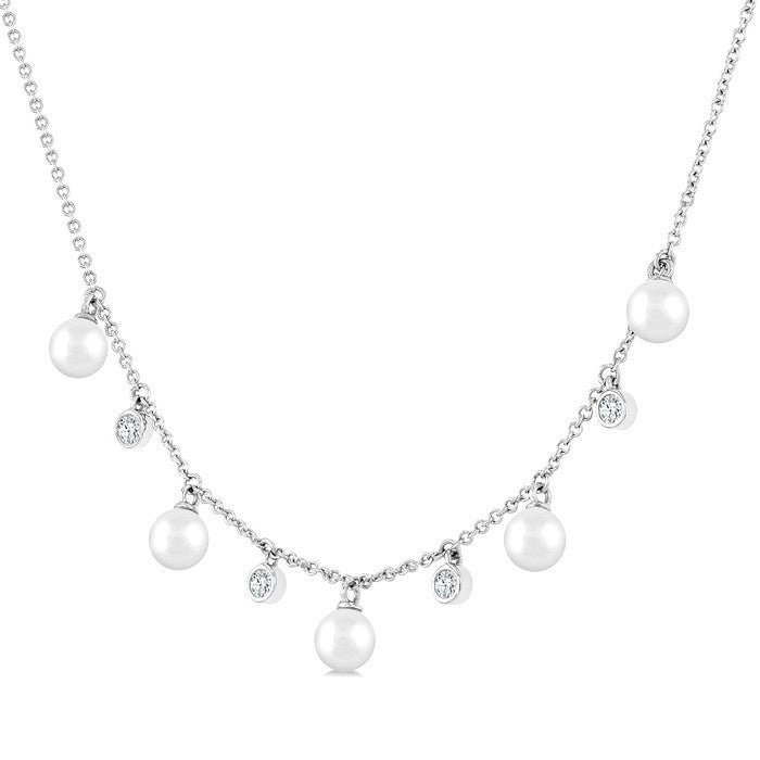 4 MM Cultured Pearl and 1/8 Ctw Round Cut Diamond Station Necklace in 10K White Gold