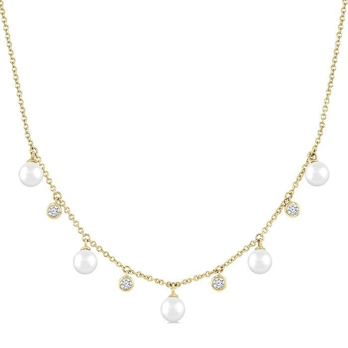 4 MM Cultured Pearl and 1/8 Ctw Round Cut Diamond Station Necklace in 10K Yellow Gold