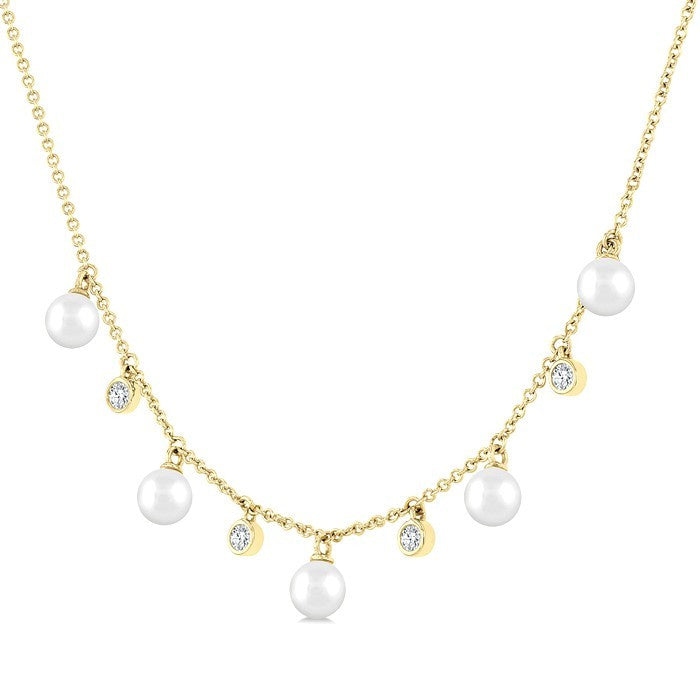 4 MM Cultured Pearl and 1/8 Ctw Round Cut Diamond Station Necklace in 10K Yellow Gold