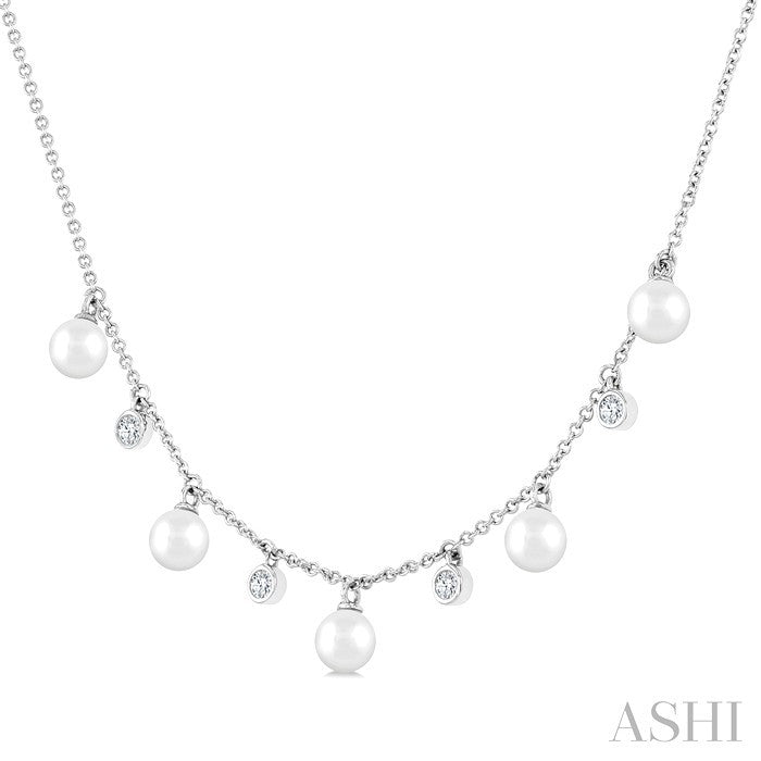 4 MM Cultured Pearl and 1/8 Ctw Round Cut Diamond Station Necklace in 10K White Gold