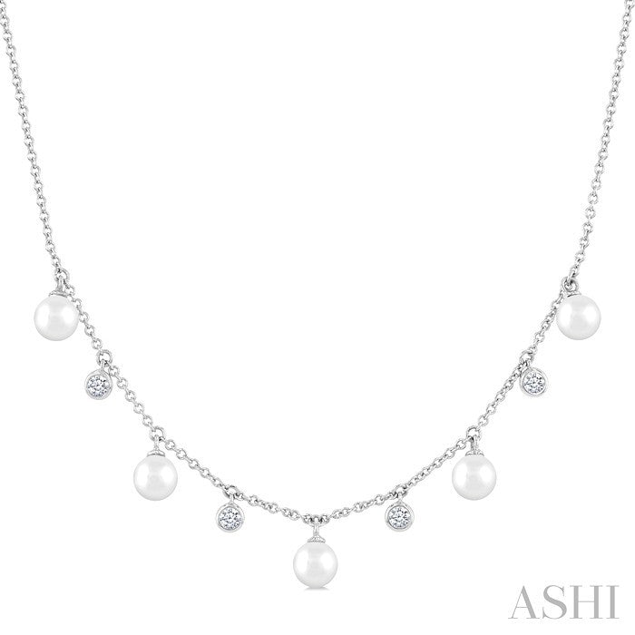 4 MM Cultured Pearl and 1/8 Ctw Round Cut Diamond Station Necklace in 10K White Gold
