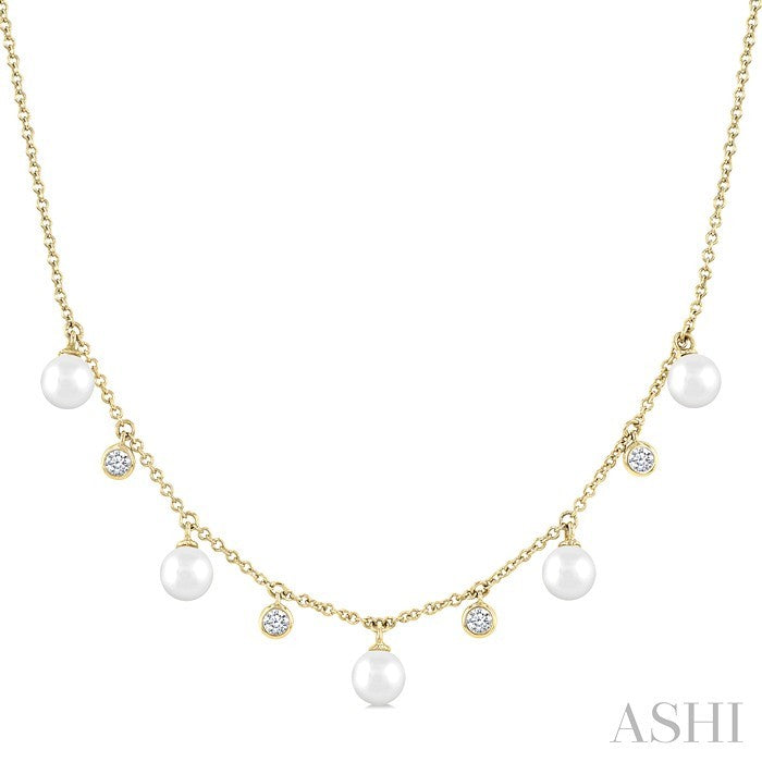 4 MM Cultured Pearl and 1/8 Ctw Round Cut Diamond Station Necklace in 10K Yellow Gold