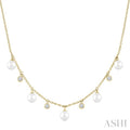 4 MM Cultured Pearl and 1/8 Ctw Round Cut Diamond Station Necklace in 10K Yellow Gold