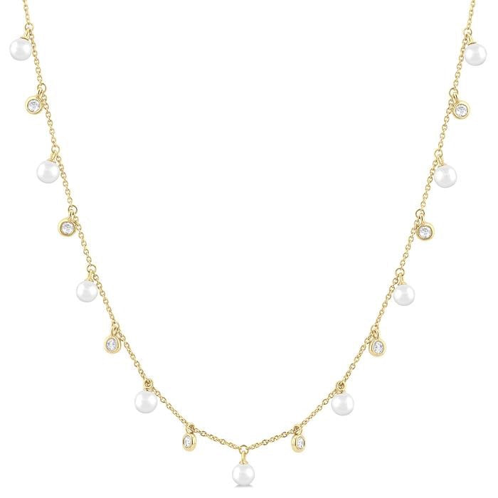 4 MM Round Shape Cultured Pearl and 1/4 Ctw Round Cut Diamond Station Necklace in 14K Yellow Gold