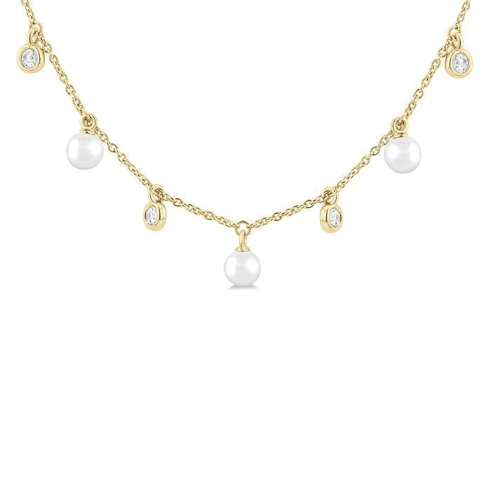 4 MM Round Shape Cultured Pearl and 1/4 Ctw Round Cut Diamond Station Necklace in 14K Yellow Gold