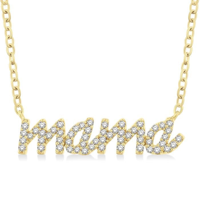 1/5 Ctw 'mama' Script Round Cut Diamond Necklace in 10K Yellow Gold