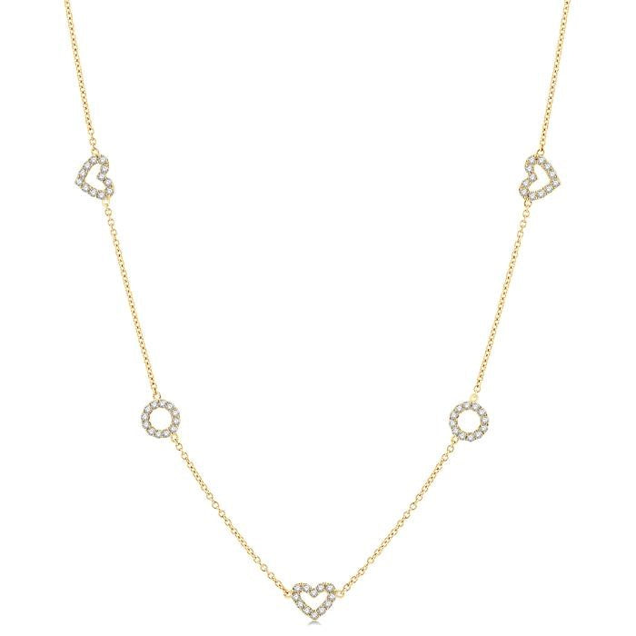 1 Ctw Heart and Circle Round Cut Diamond Station Necklace in 14K Yellow Gold