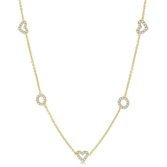 1 Ctw Heart and Circle Round Cut Diamond Station Necklace in 14K Yellow Gold