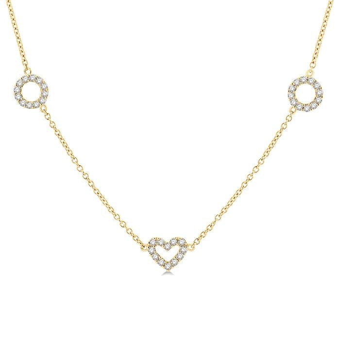 1 Ctw Heart and Circle Round Cut Diamond Station Necklace in 14K Yellow Gold
