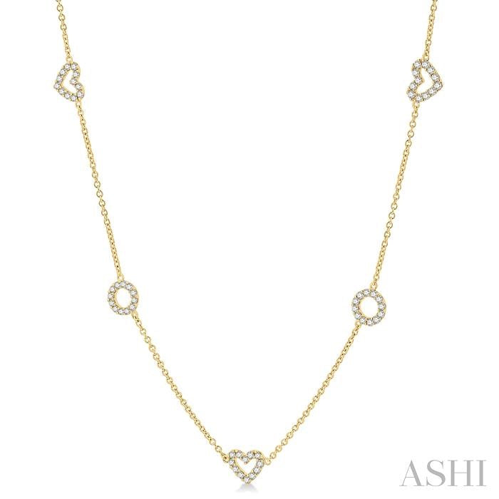 1 Ctw Heart and Circle Round Cut Diamond Station Necklace in 14K Yellow Gold