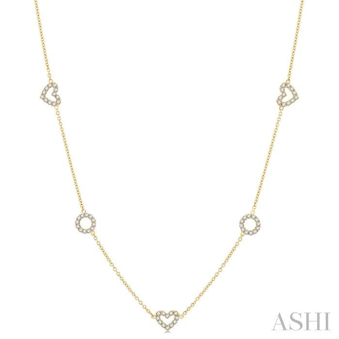 1 Ctw Heart and Circle Round Cut Diamond Station Necklace in 14K Yellow Gold