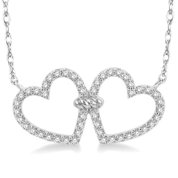 1/4 Ctw Coupled Twin Heart Round Cut Diamond Necklace in 10K White Gold