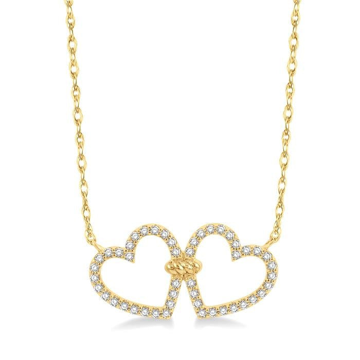 1/4 Ctw Coupled Twin Heart Round Cut Diamond Necklace in 10K Yellow Gold